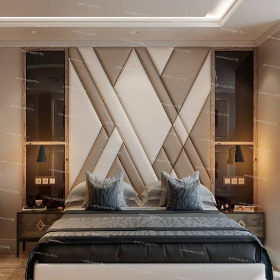Мягкие стеновые панели ASW-0004 "August Ornamento 2" в комплекте с кроватью